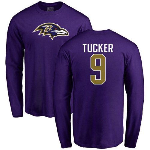 Men Baltimore Ravens Purple Justin Tucker Name and Number Logo NFL Football #9 Long Sleeve T Shirt